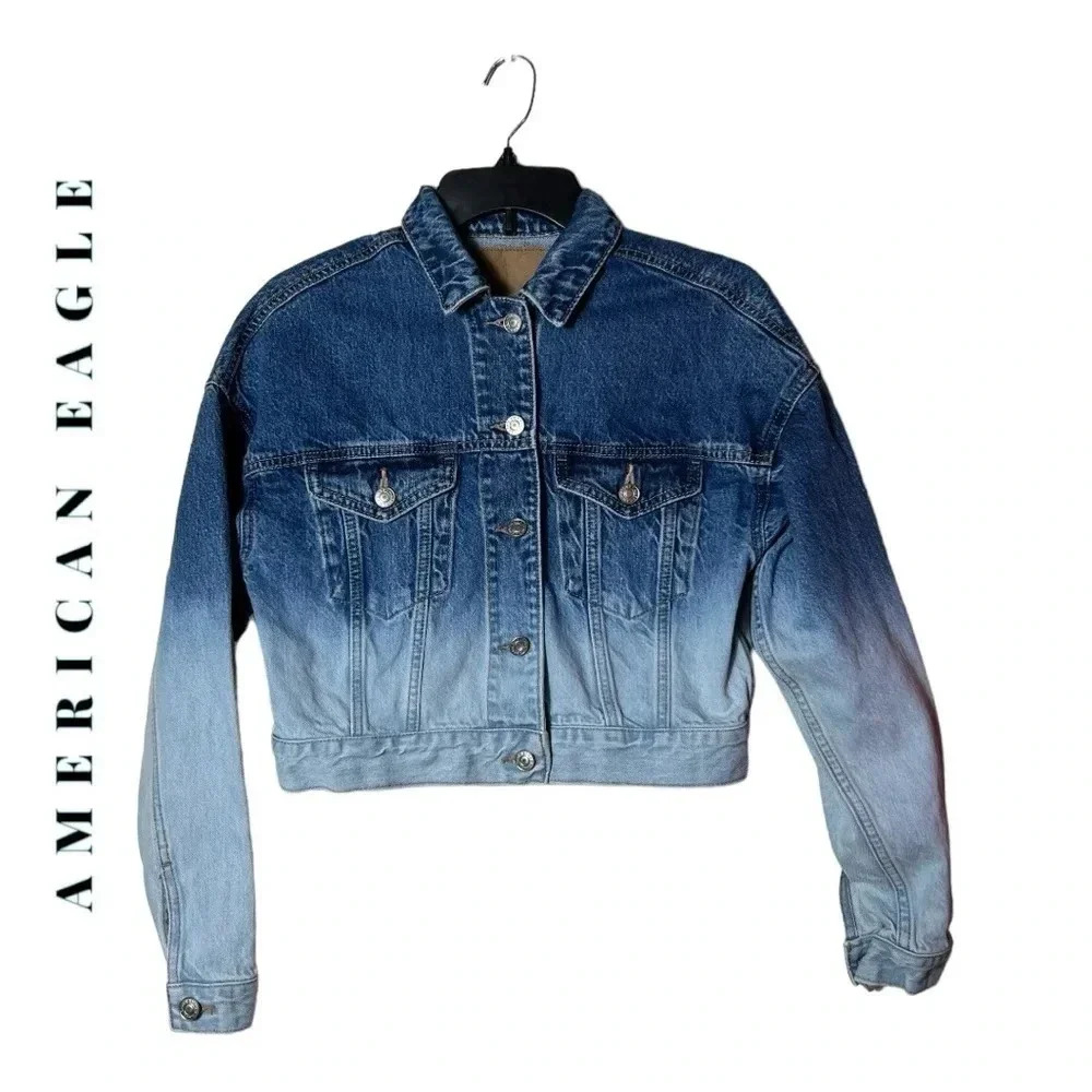 1844. AMERICAN EAGLE CROPPED DENIM JEAN JACKET FULL BUTTON UP OMBRE COLOR XXS
